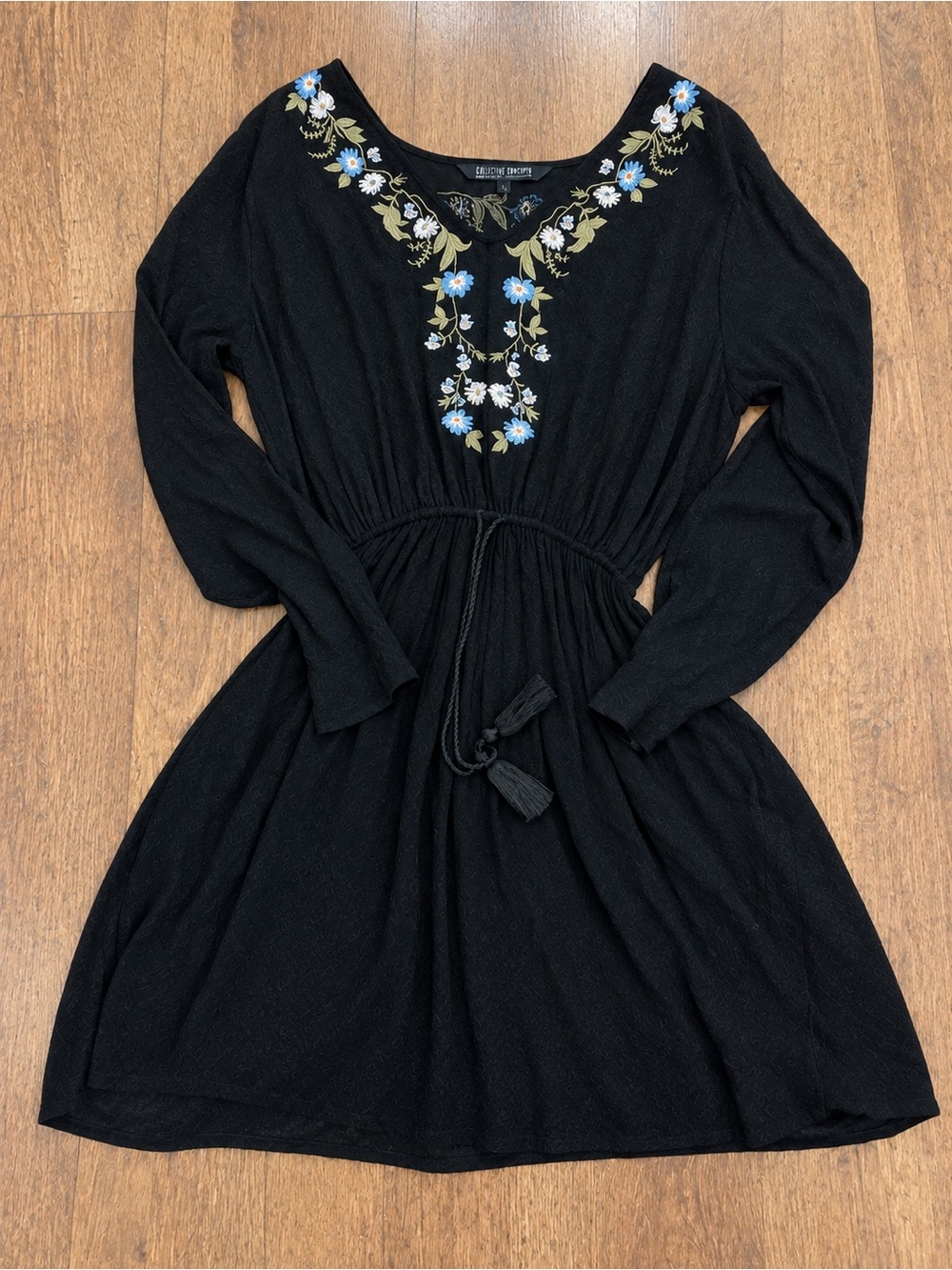 Cotton On Black Midi Dress with Blue and White Floral Embroidery